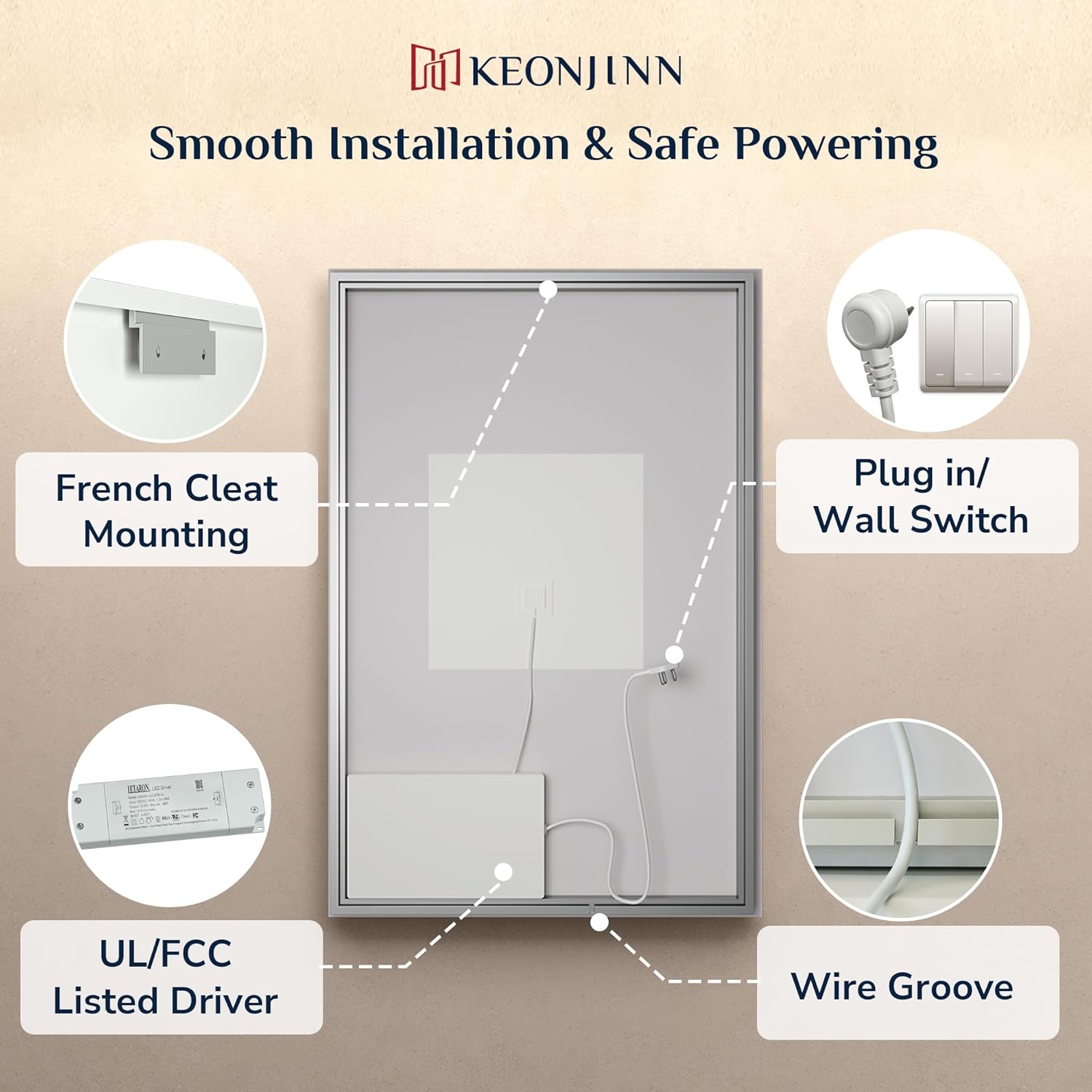 Keonjinn LED Mirror Backlit 24 x 30 Inch, Beveled Bathroom Mirror with Backlight, UL-Listed, Safe Tempered Glass, 3 Color Lights, Dimmable, Defogging, Frameless Lighted Vanity Mirrors for Wall